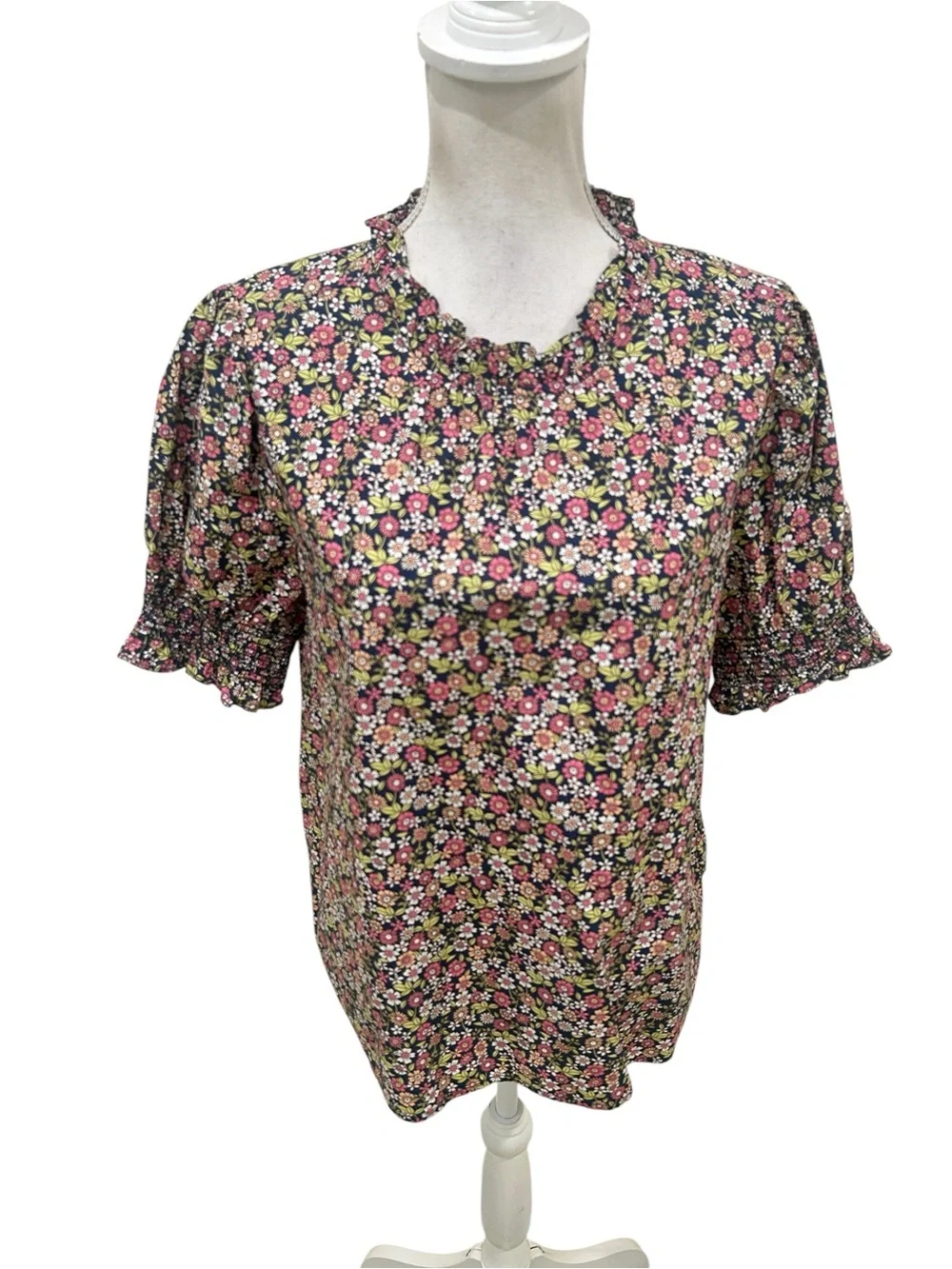 J. Crew meadow flowers print Puff-Sleeve Blouse Pink Cream black size medium